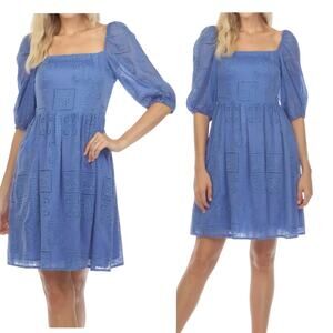 Johnny Was Ella Eyelet Mini Dress Blue XL Boho Embroidered Puff Sleeve